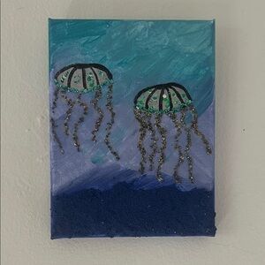Handmade Teal & Blue Jellyfish Canvas Wall Art